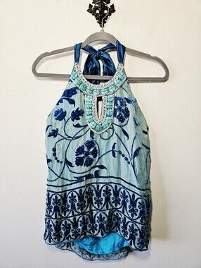 Vintage Y2K Hale Bob Silk Beaded Halter Top Size S Velvet Embellished
